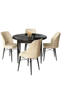 Dining Table & Chairs Set (5 Pieces) Rox - Black Marble, Cream