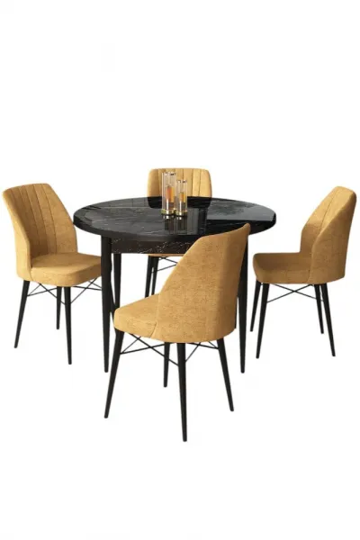 Dining Table & Chairs Set (5 Pieces) Rox - Black Marble, Cappuccino
