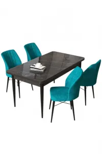 Dining Table & Chairs Set (5 Pieces) Arp - Black Marble, Turquoise