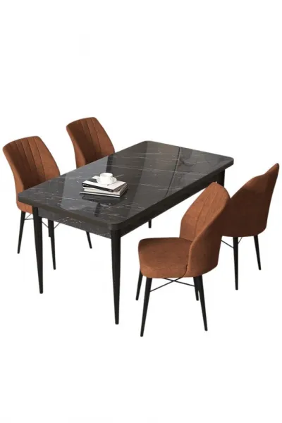 Dining Table & Chairs Set (5 Pieces) Arp - Black Marble, Tile Red