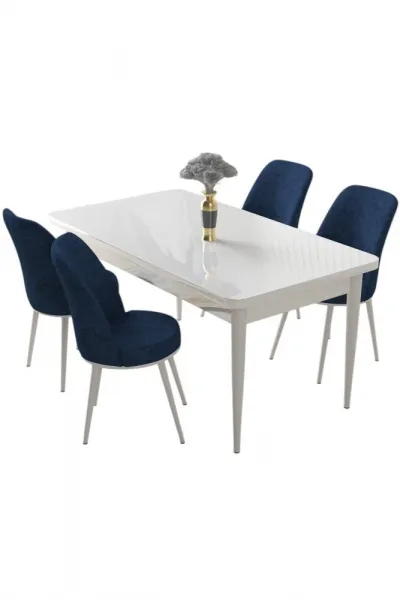 Dining Table & Chairs Set (5 Pieces) Nil - White, Navy Blue