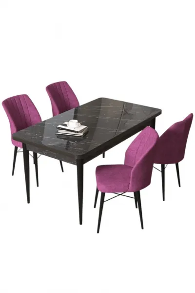 Dining Table & Chairs Set (5 Pieces) Arp - Black Marble, Purple