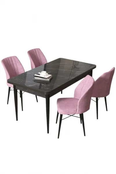 Dining Table & Chairs Set (5 Pieces) Arp - Black Marble, Pink