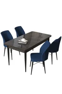 Dining Table & Chairs Set (5 Pieces) Arp - Black Marble, Navy Blue