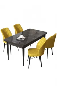 Dining Table & Chairs Set (5 Pieces) Arp - Black Marble, Mustard