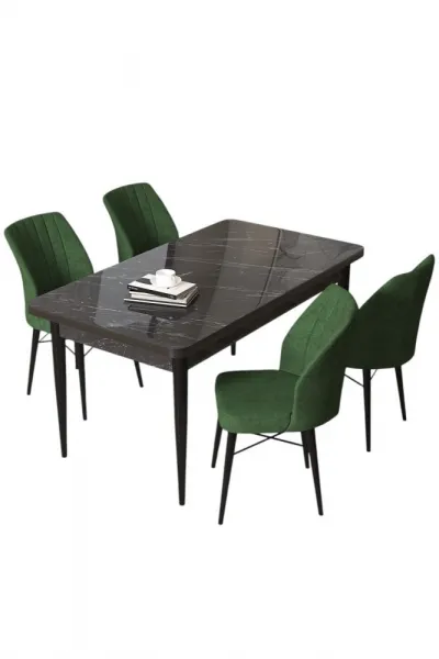 Dining Table & Chairs Set (5 Pieces) Arp - Black Marble, Khaki