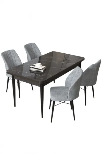 Dining Table & Chairs Set (5 Pieces) Arp - Black Marble, Grey