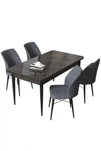 Dining Table & Chairs Set (5 Pieces) Arp - Black Marble, Fume