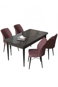 Dining Table & Chairs Set (5 Pieces) Arp - Black Marble, Dusty Rose