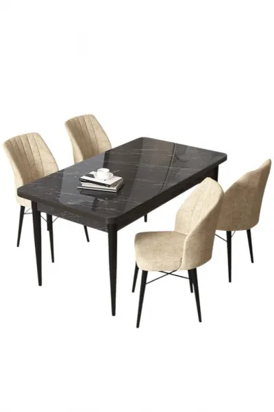 Dining Table & Chairs Set (5 Pieces) Arp - Black Marble, Cream