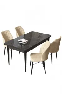 Dining Table & Chairs Set (5 Pieces) Arp - Black Marble, Cream