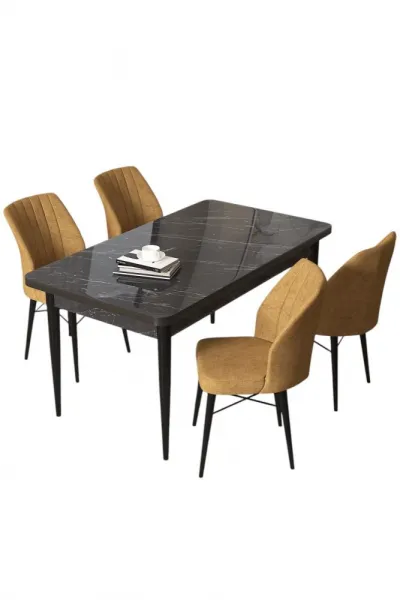 Dining Table & Chairs Set (5 Pieces) Arp - Black Marble, Cappuccino