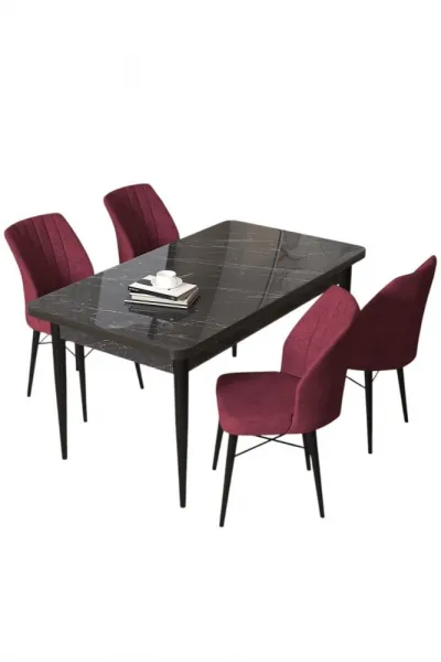 Dining Table & Chairs Set (5 Pieces) Arp - Black Marble, Burgundy