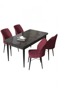 Dining Table & Chairs Set (5 Pieces) Arp - Black Marble, Burgundy