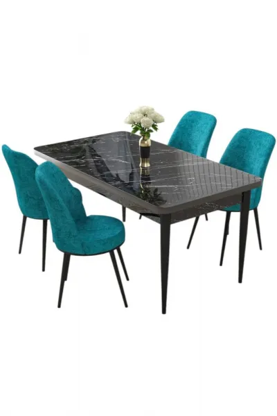 Dining Table & Chairs Set (5 Pieces) Nil - Black Marble, Turquoise