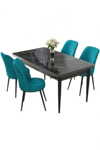 Dining Table & Chairs Set (5 Pieces) Nil - Black Marble, Turquoise