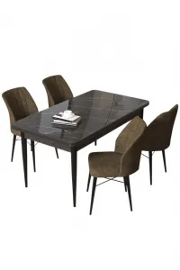 Dining Table & Chairs Set (5 Pieces) Arp - Black Marble, Brown
