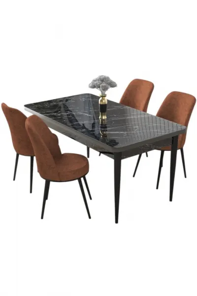 Dining Table & Chairs Set (5 Pieces) Nil - Black Marble, Tile Red