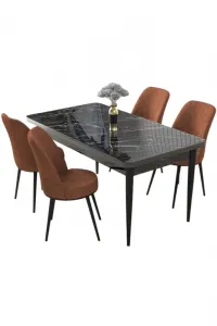 Dining Table & Chairs Set (5 Pieces) Nil - Black Marble, Tile Red