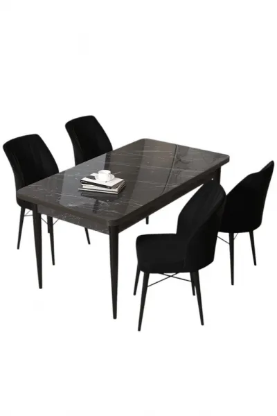 Dining Table & Chairs Set (5 Pieces) Arp - Black Marble, Black