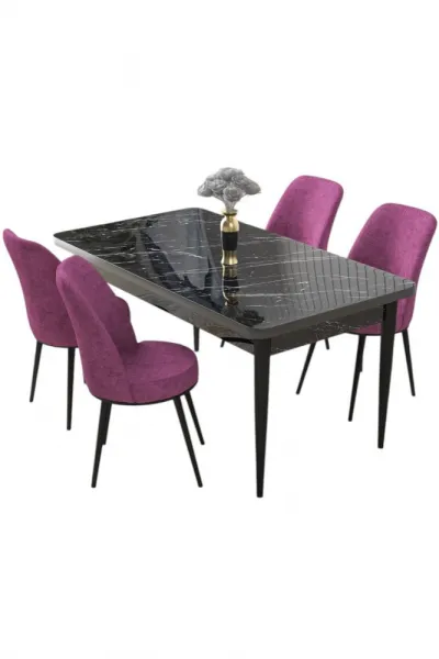 Dining Table & Chairs Set (5 Pieces) Nil - Black Marble, Purple