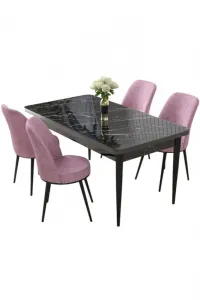 Dining Table & Chairs Set (5 Pieces) Nil - Black Marble, Pink