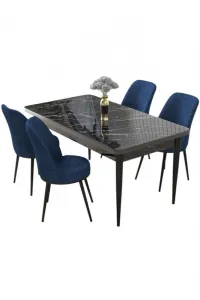 Dining Table & Chairs Set (5 Pieces) Nil - Black Marble, Navy Blue