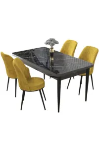 Dining Table & Chairs Set (5 Pieces) Nil - Black Marble, Mustard