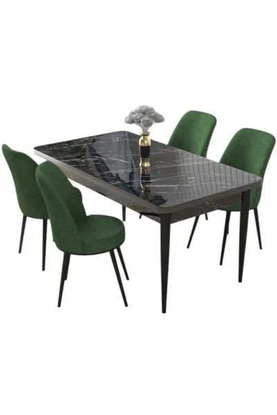 Dining Table & Chairs Set (5 Pieces) Nil - Black Marble, Khaki