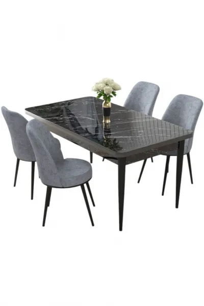 Dining Table & Chairs Set (5 Pieces) Nil - Black Marble, Grey