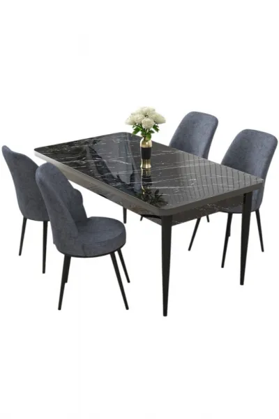Dining Table & Chairs Set (5 Pieces) Nil - Black Marble, Fume