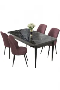 Dining Table & Chairs Set (5 Pieces) Nil - Black Marble, Dusty Rose