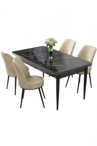 Dining Table & Chairs Set (5 Pieces) Nil - Black Marble, Cream