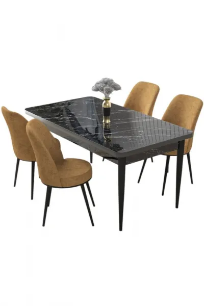Dining Table & Chairs Set (5 Pieces) Nil - Black Marble, Cappuccino