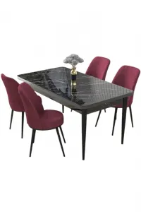 Dining Table & Chairs Set (5 Pieces) Nil - Black Marble, Burgundy
