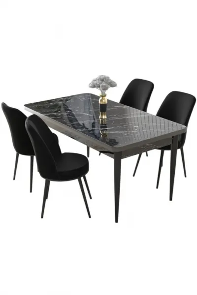 Dining Table & Chairs Set (5 Pieces) Nil - Black Marble, Black