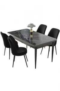 Dining Table & Chairs Set (5 Pieces) Nil - Black Marble, Black