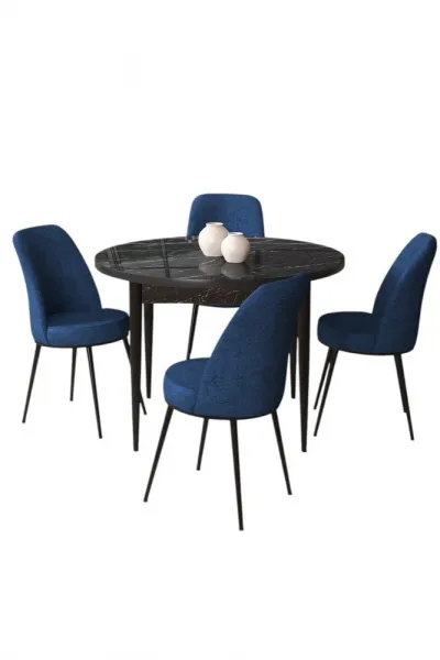 Dining Table & Chairs Set (5 Pieces) Tor - Black Marble, Navy Blue