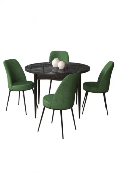 Dining Table & Chairs Set (5 Pieces) Tor - Black Marble, Khaki