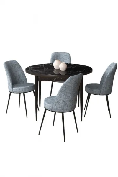 Dining Table & Chairs Set (5 Pieces) Tor - Black Marble, Grey