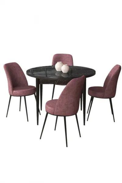 Dining Table & Chairs Set (5 Pieces) Tor - Black Marble, Dusty Rose