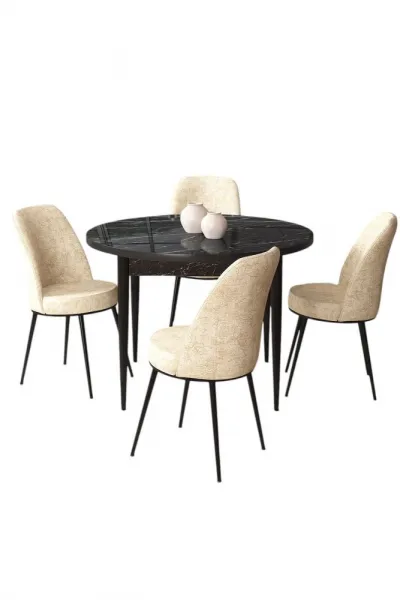 Dining Table & Chairs Set (5 Pieces) Tor - Black Marble, Cream