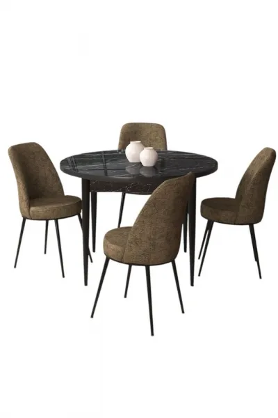 Dining Table & Chairs Set (5 Pieces) Tor - Black Marble, Brown