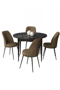 Dining Table & Chairs Set (5 Pieces) Tor - Black Marble, Brown