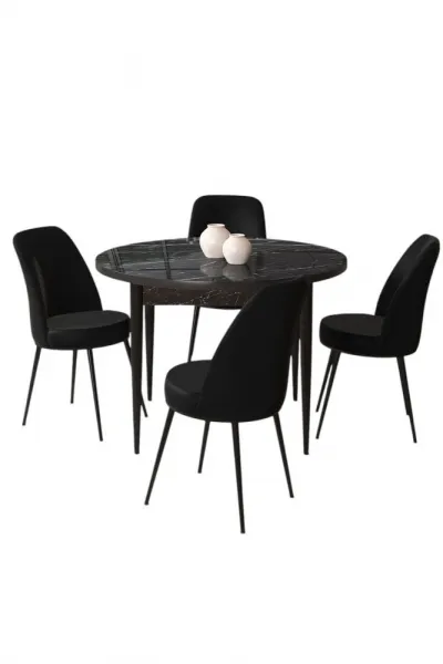 Dining Table & Chairs Set (5 Pieces) Tor - Black Marble, Black