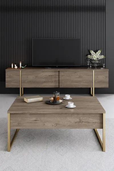 Living Room Furniture Set Luxe - Walnut, Gold