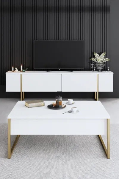 Living Room Furniture Set Luxe - White, Gold