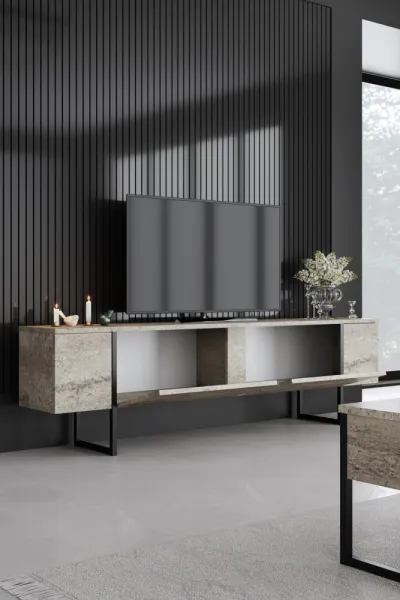 TV stolík Luxe - Travertine, Black