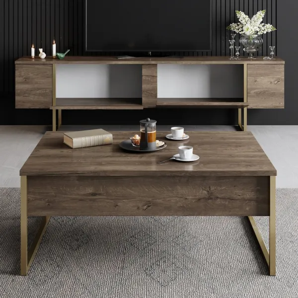 TV stolík Luxe - Walnut, Gold