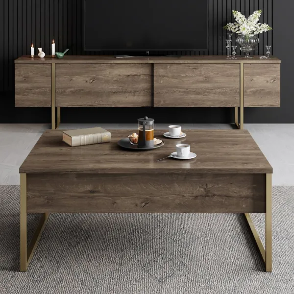 TV stolík Luxe - Walnut, Gold